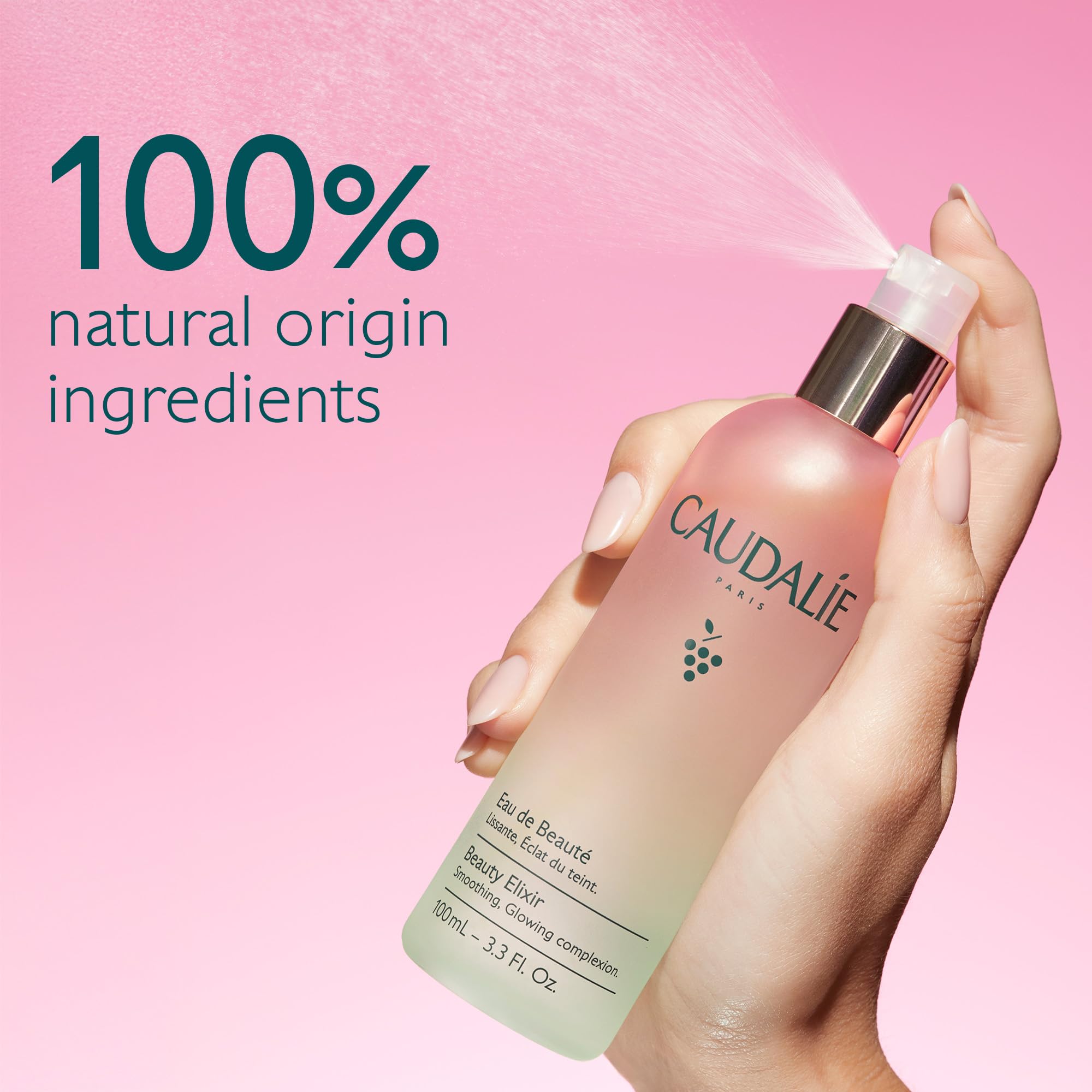Premium Caudalie pore tightening face mist bottle on an unboxing surface