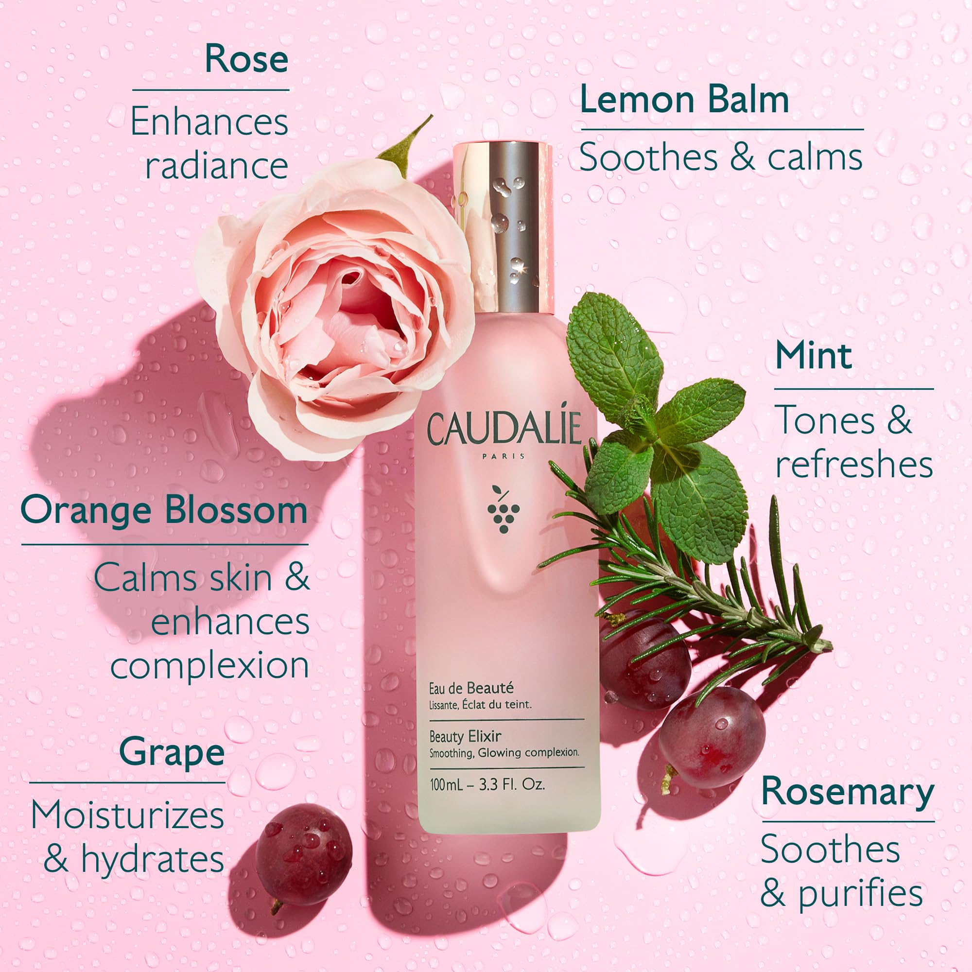 Authentic Caudalie 100ml vegan makeup setting spray showing the golden essential oil layer