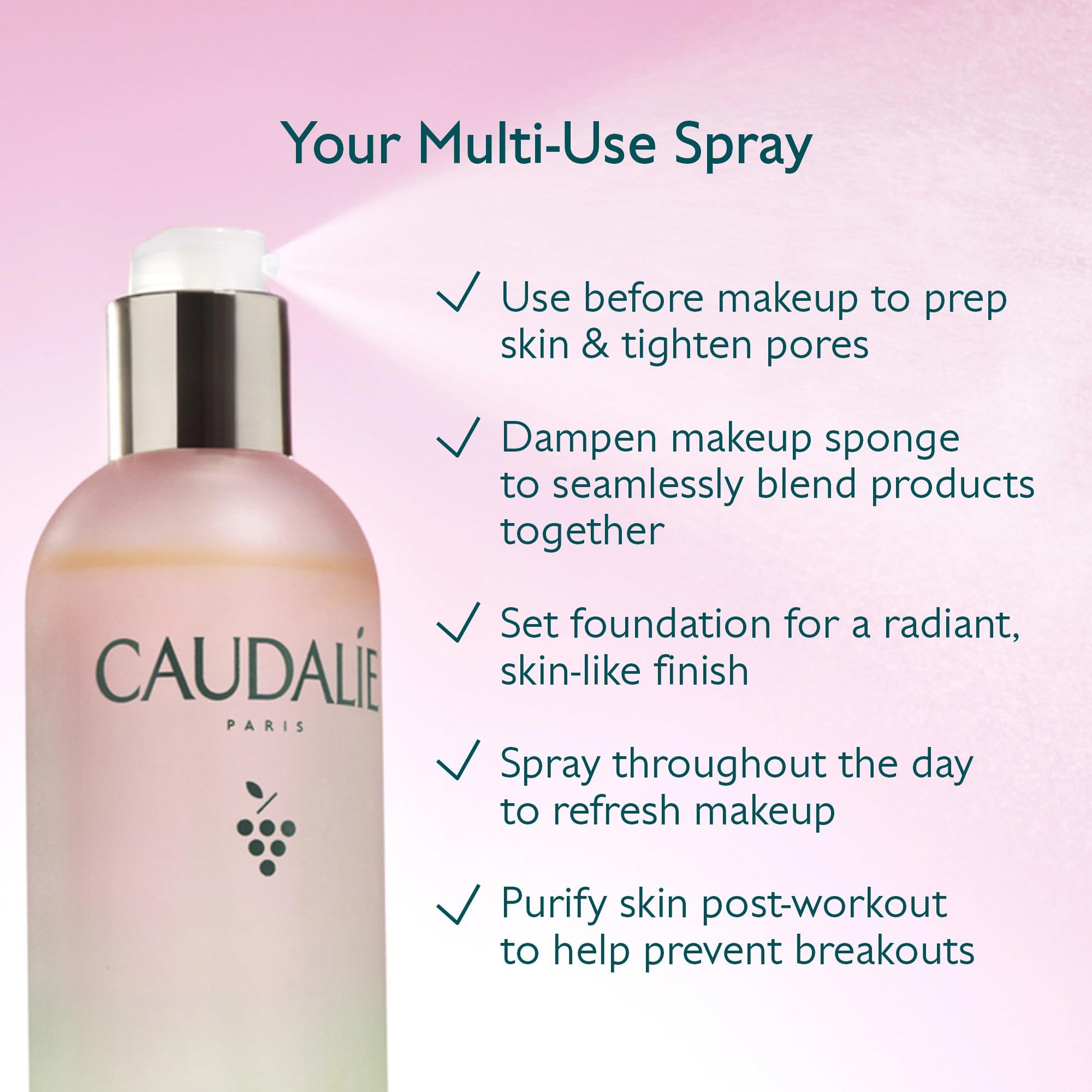 Side profile of the imported Caudalie Beauty Elixir glass bottle displaying product volume details