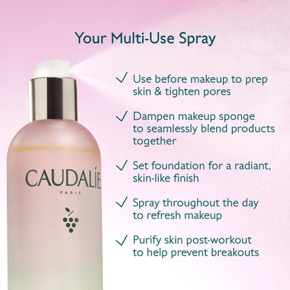 Side profile of the imported Caudalie Beauty Elixir glass bottle displaying product volume details