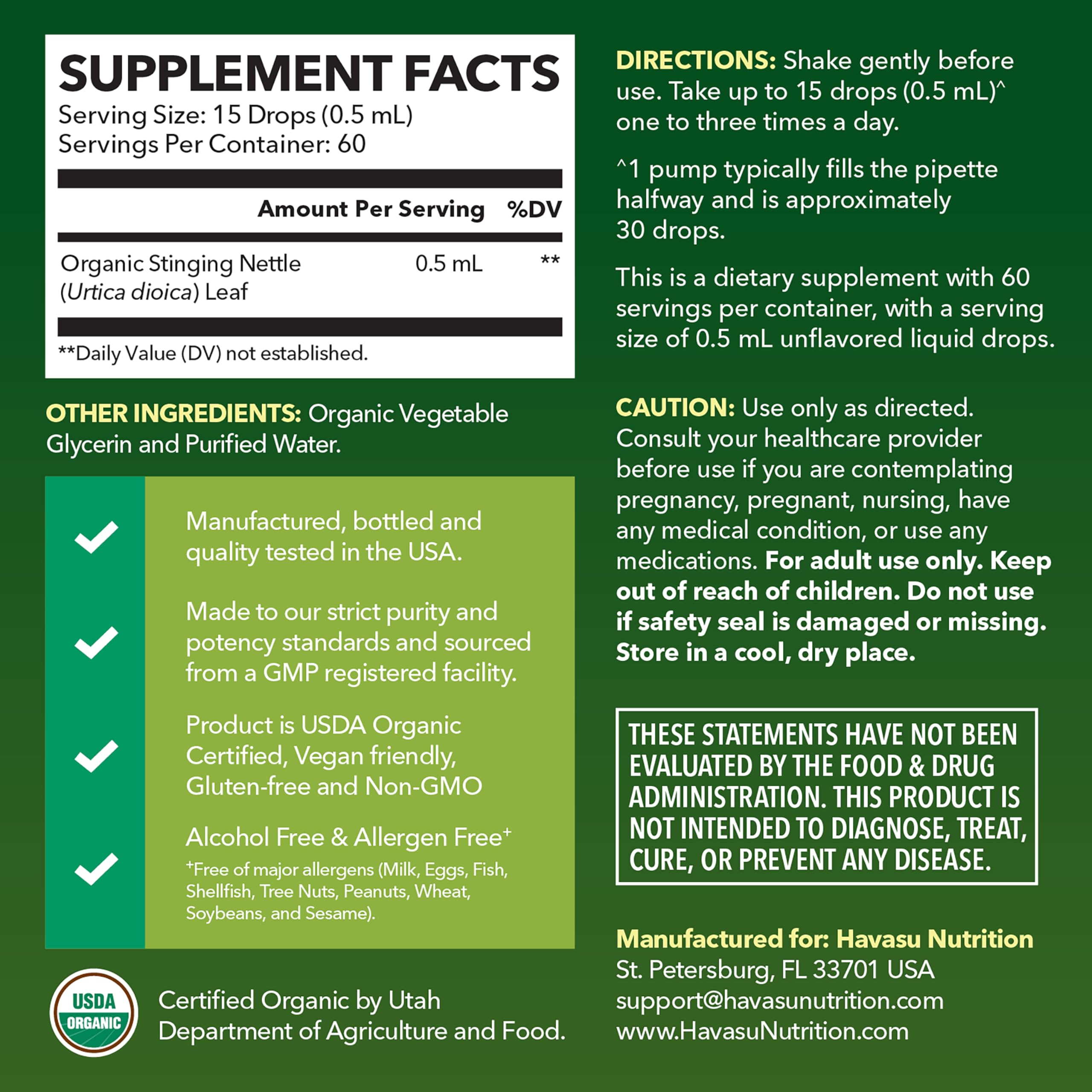 Havasu Nutrition stinging nettle herbal supplement dropper bottle showing organic certification