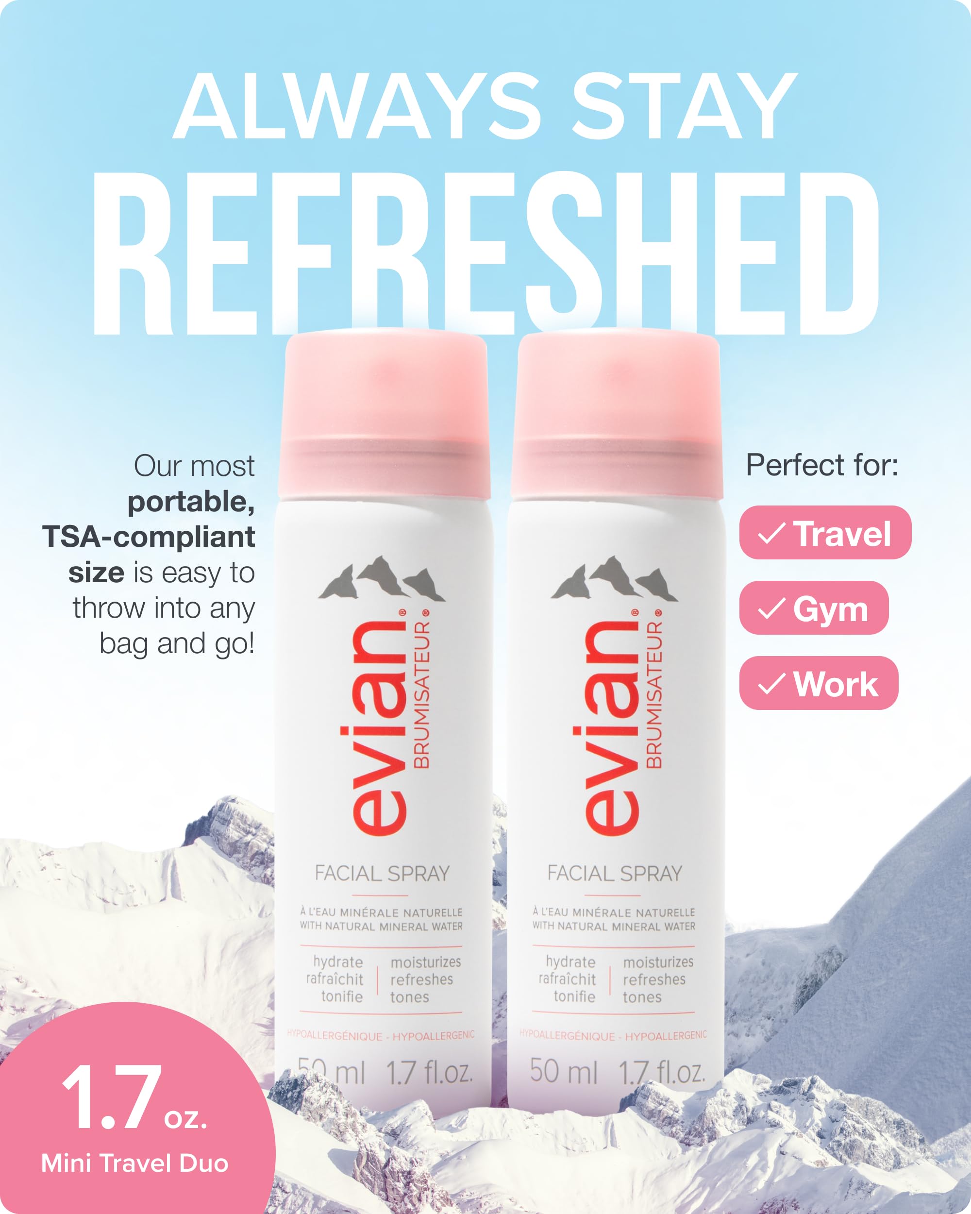 Evian natural mineral water facial spray showcasing the fine mist nozzle mechanism.