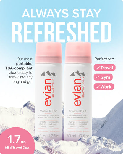 Evian natural mineral water facial spray showcasing the fine mist nozzle mechanism.