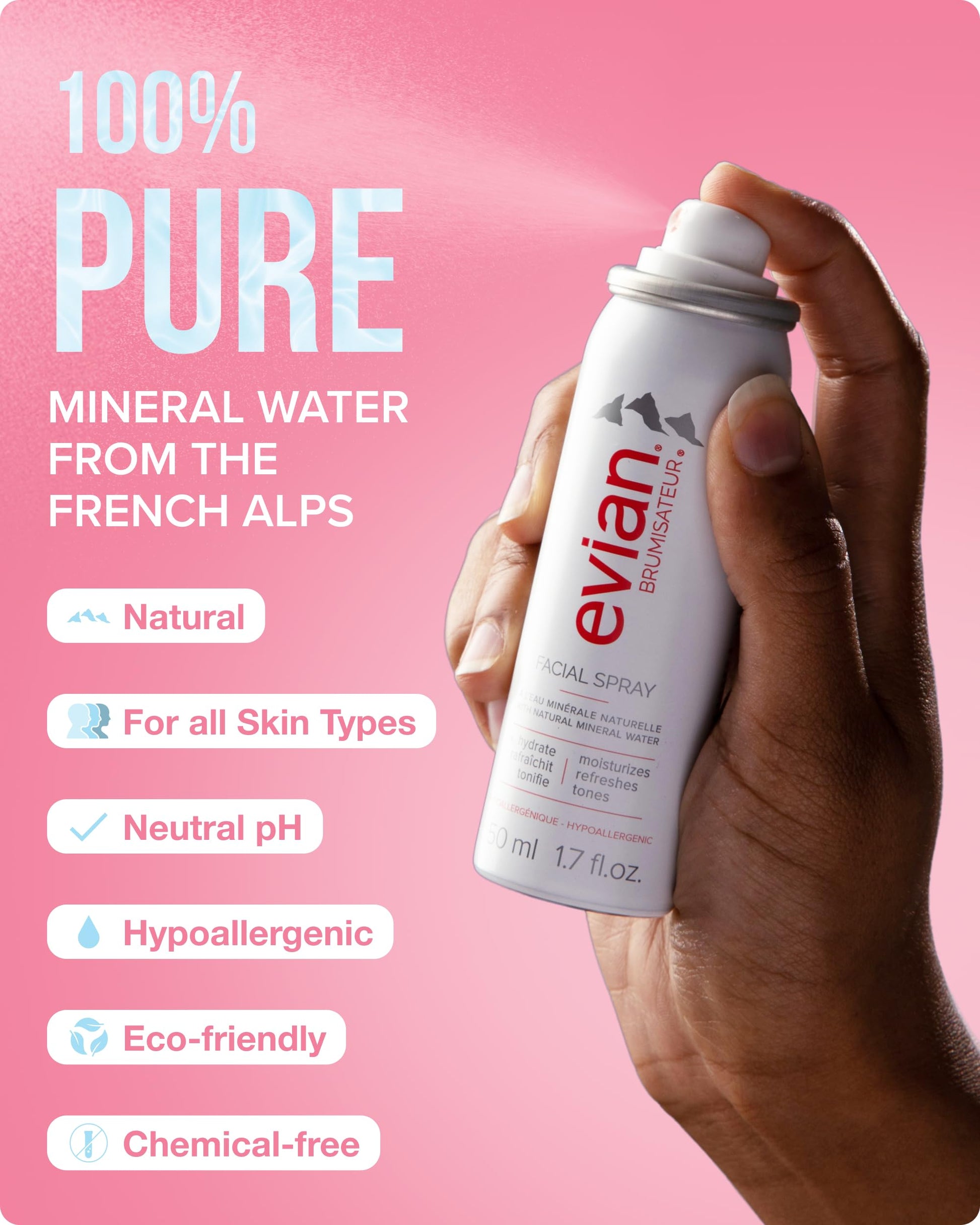 Evian hydrating water mist for face being used alongside a beauty makeup sponge.