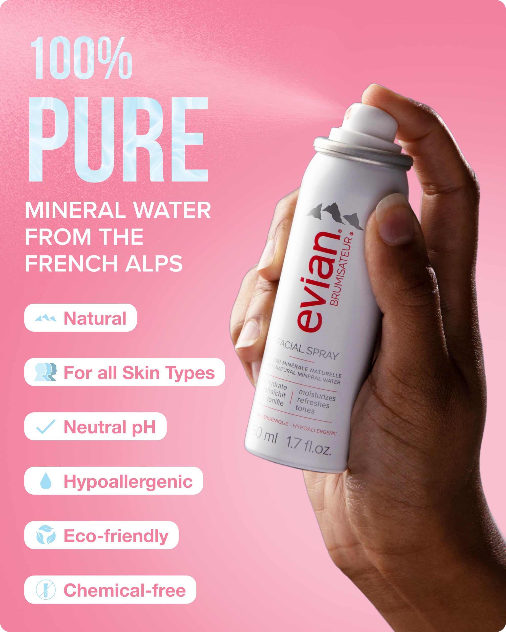 Evian hydrating water mist for face being used alongside a beauty makeup sponge.