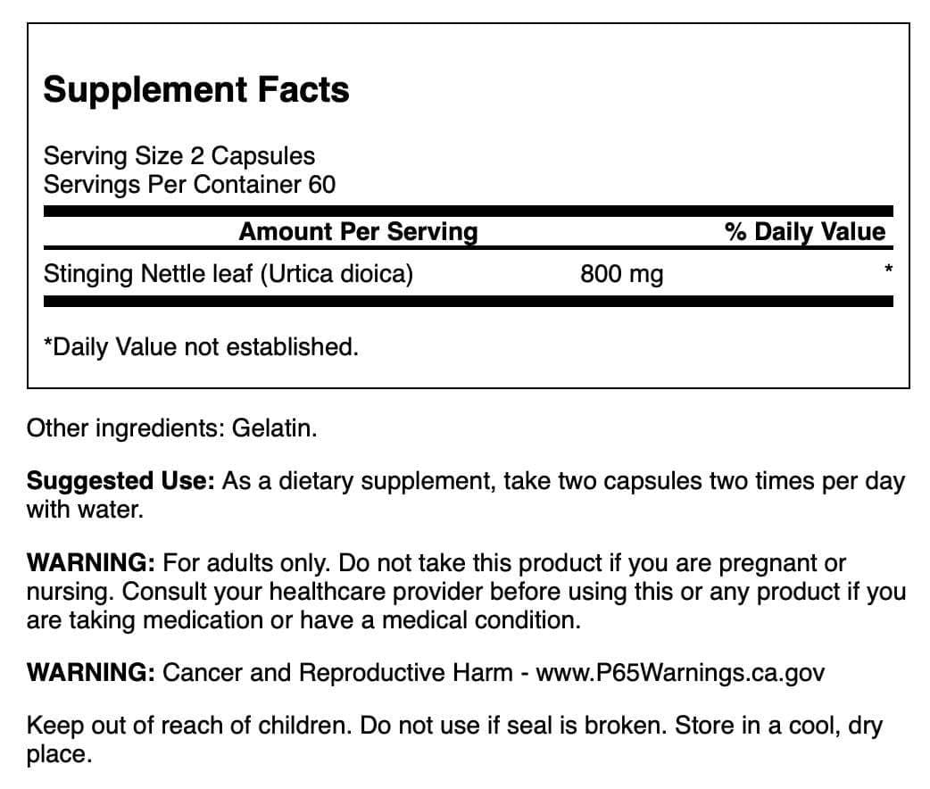 Back label of Swanson Stinging Nettle Leaf showing supplement facts