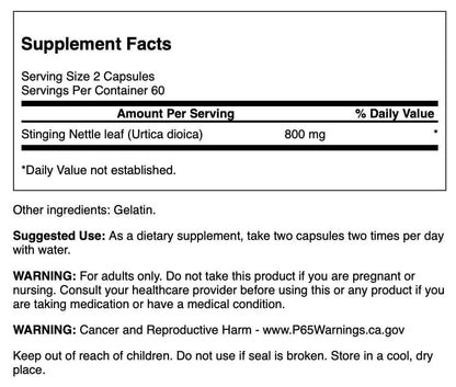 Back label of Swanson Stinging Nettle Leaf showing supplement facts