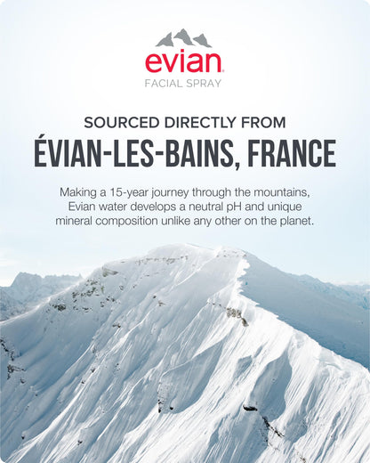 Evian skincare hydration mineral water mist container positioned upright on a flat surface.
