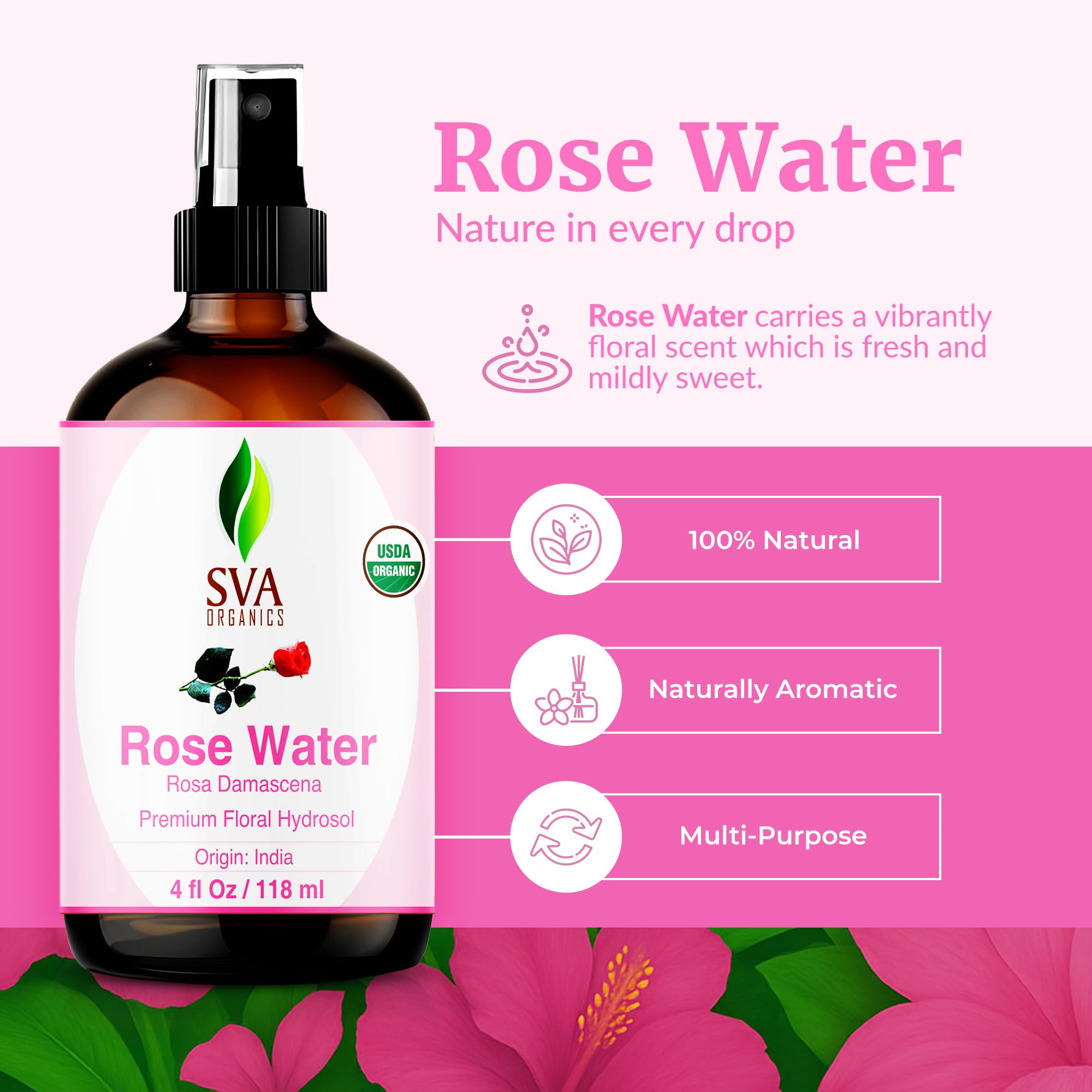 SVA ORGANICS Rose Water side view displaying the pure organic product description and ingredients list.