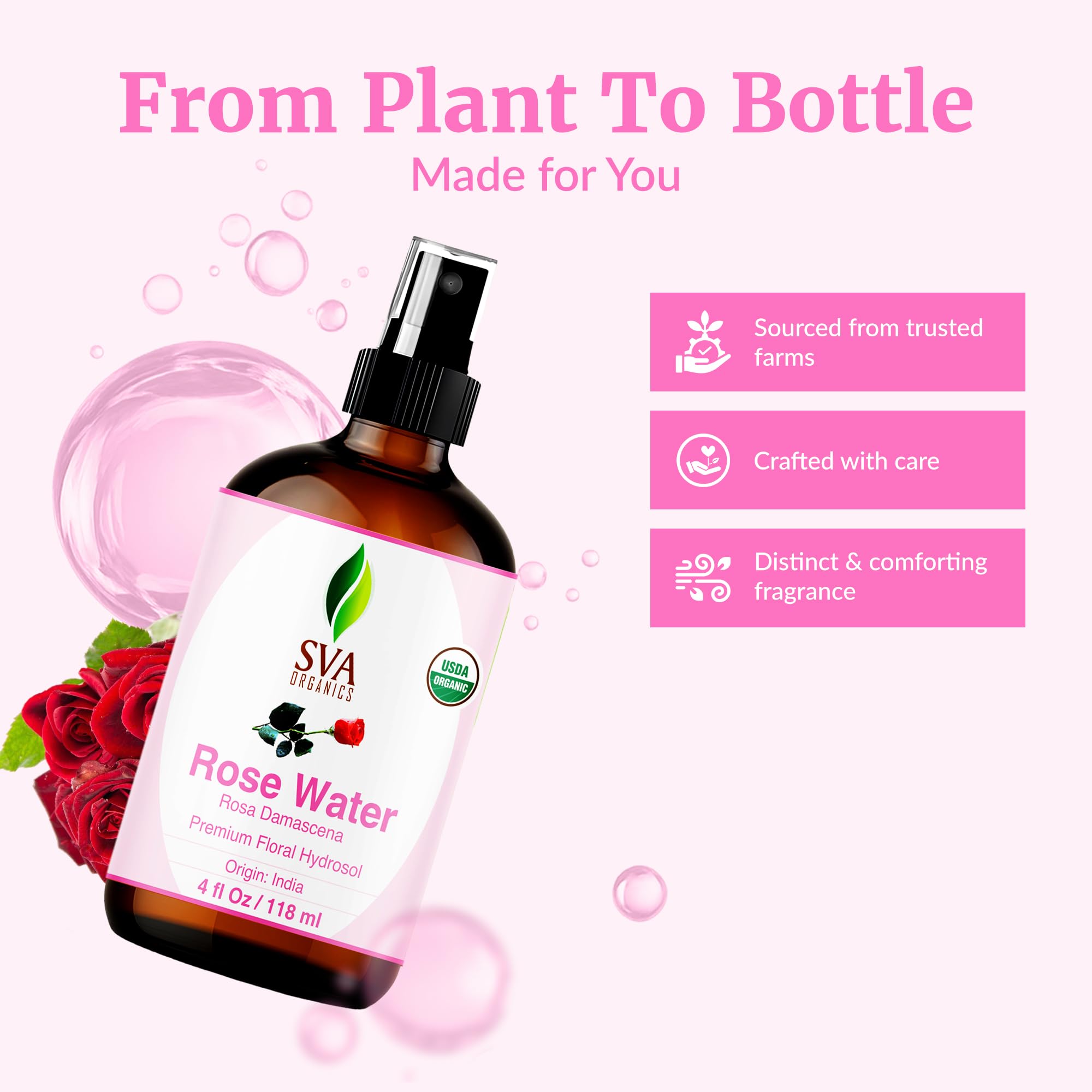 SVA ORGANICS Rose Water closeup of the fine mist spray pump design for easy everyday application.