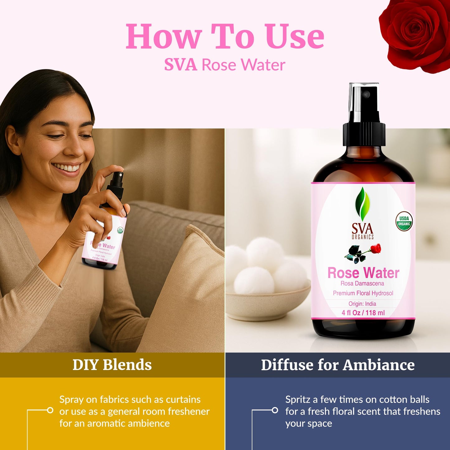 SVA ORGANICS Rose Water fluid ounce and milliliter measurements highlighted on the clear protective product container.