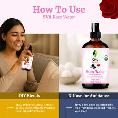 SVA ORGANICS Rose Water fluid ounce and milliliter measurements highlighted on the clear protective product container.