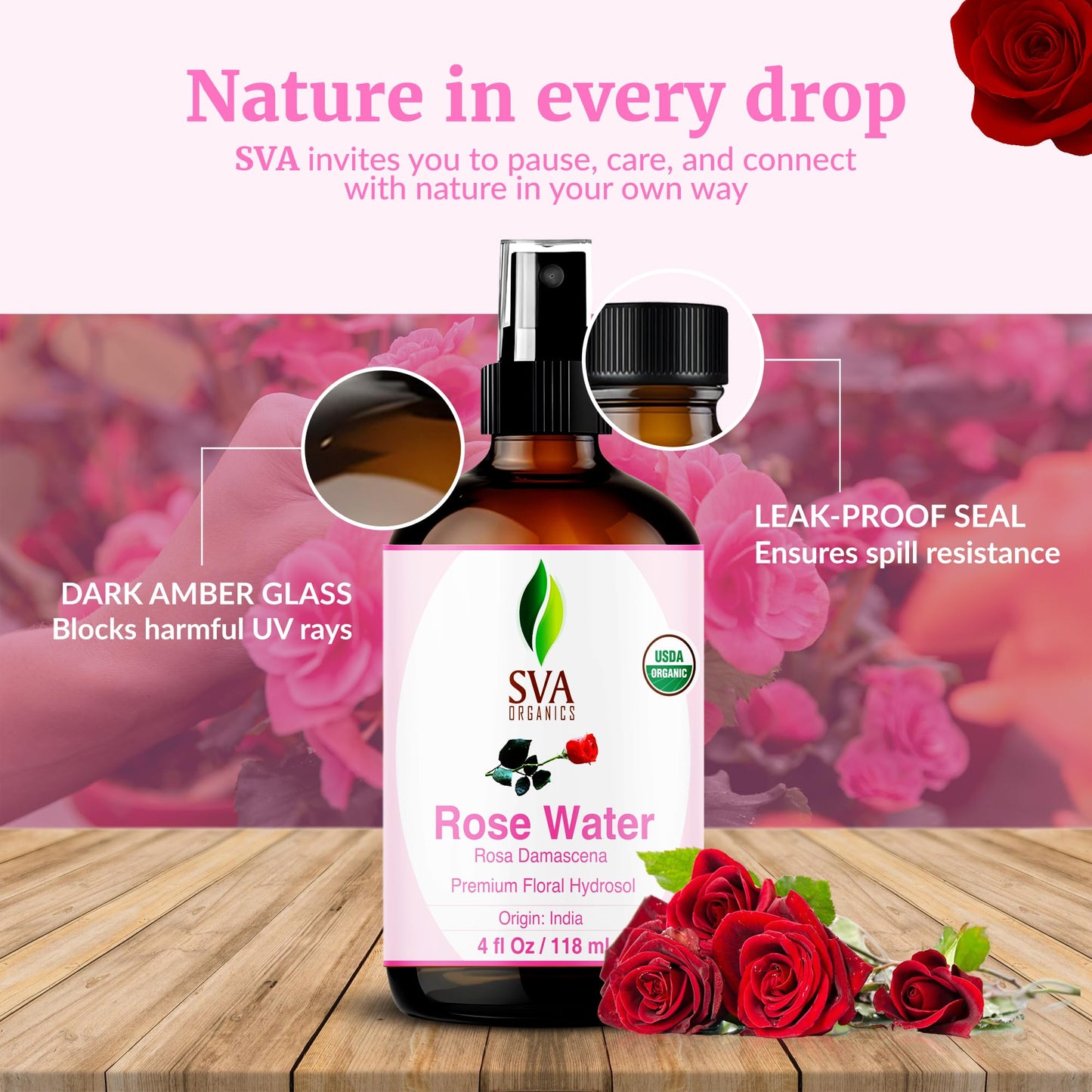 SVA ORGANICS Rose Water layout demonstrating how to include the floral mist into a daily Indian skincare routine.