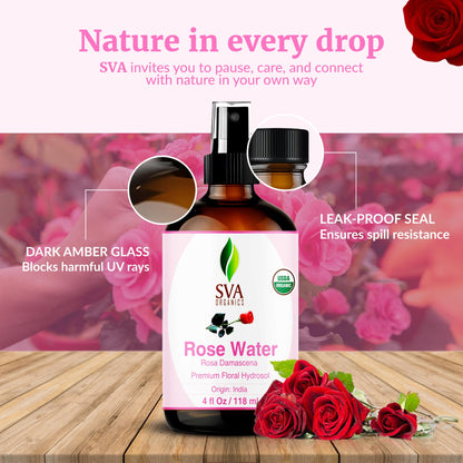 SVA ORGANICS Rose Water layout demonstrating how to include the floral mist into a daily Indian skincare routine.