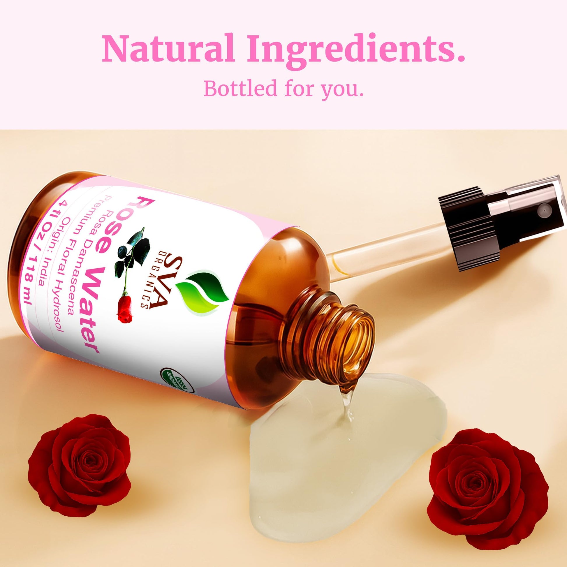 SVA ORGANICS Rose Water top view showing the secure cap and clear liquid formulation inside the bottle.