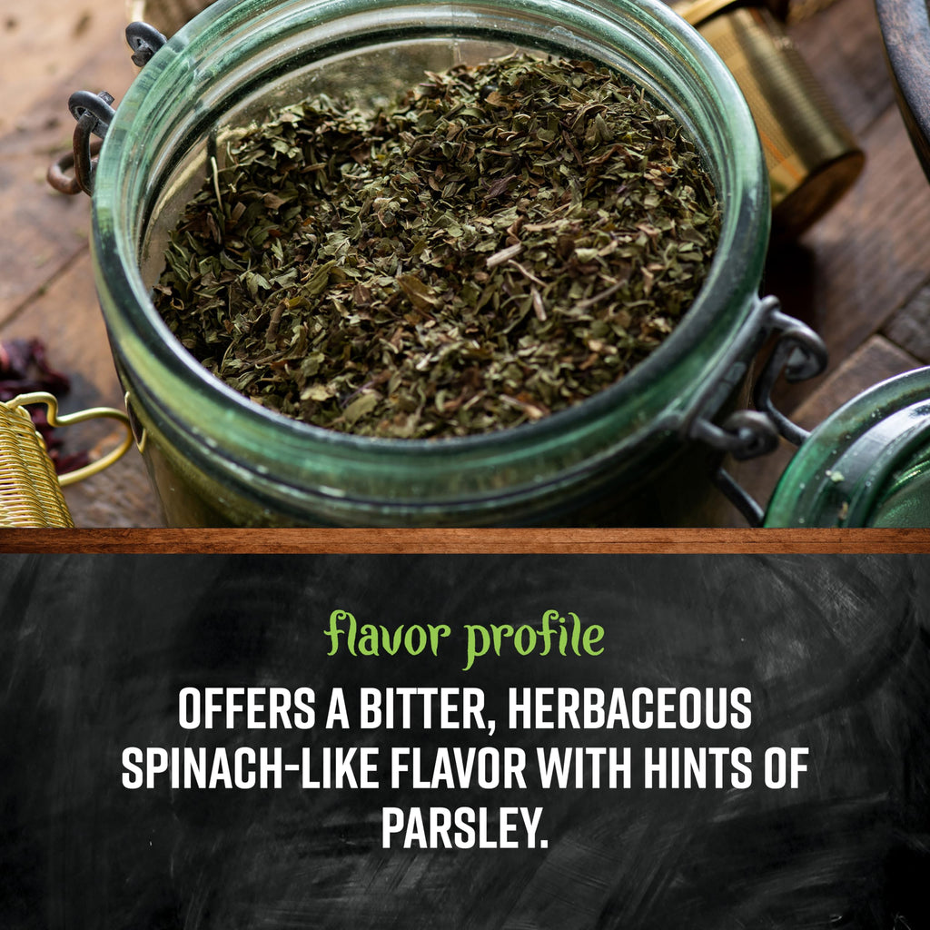 Steeping Frontier Co-op stinging nettle tea in a glass