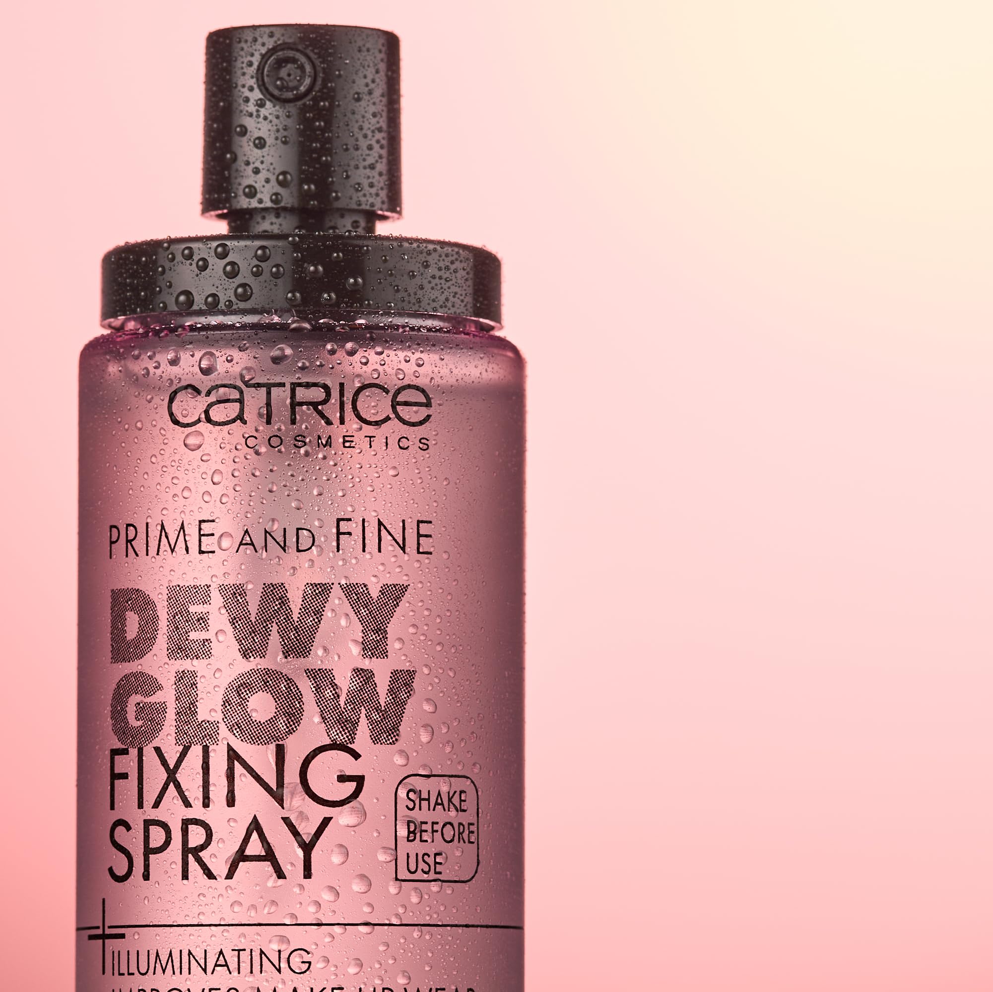 Catrice face primer and makeup fixer mist showing illuminating shimmer particles within the bottle