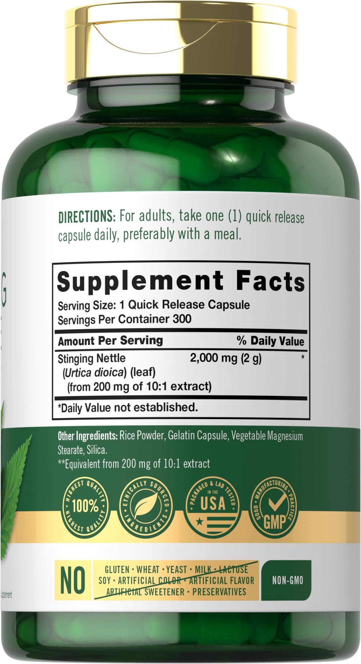 Carlyle Stinging Nettle Leaf Extract nutritional supplement facts label showing non-GMO and gluten-free claims