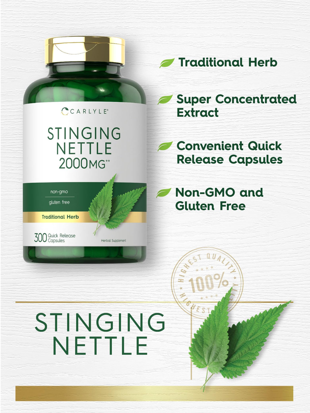 Back view of Carlyle Stinging Nettle herbal capsules packaging with manufacturing details and adult dosage instructions