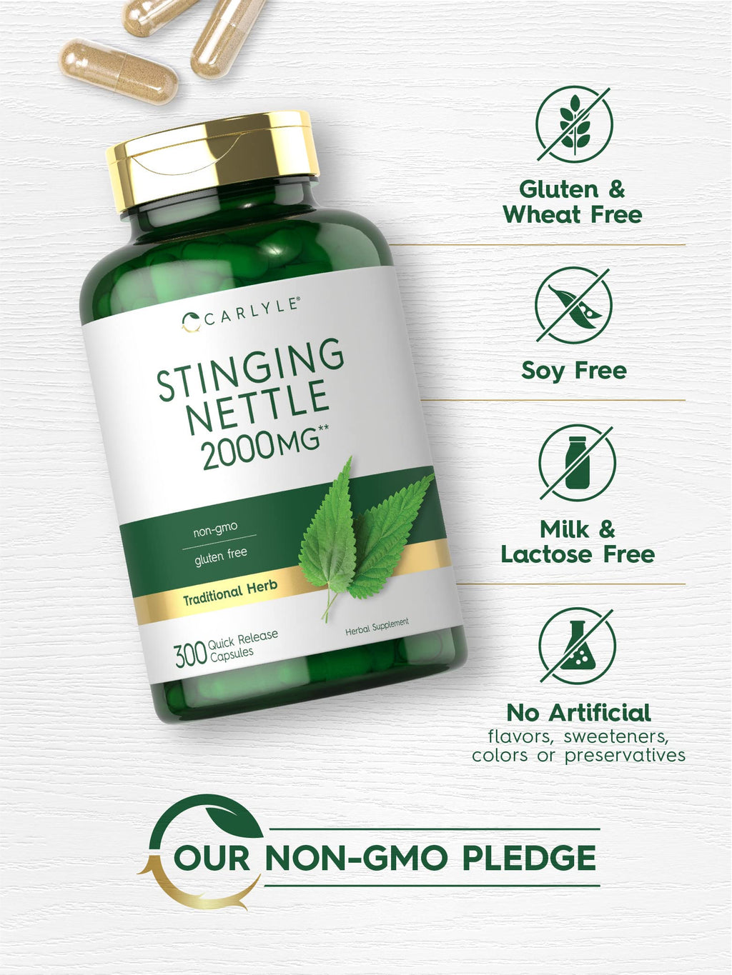 Authentic USA imported Carlyle Stinging Nettle 300 quick release capsules bottle cap and safety seal close up view