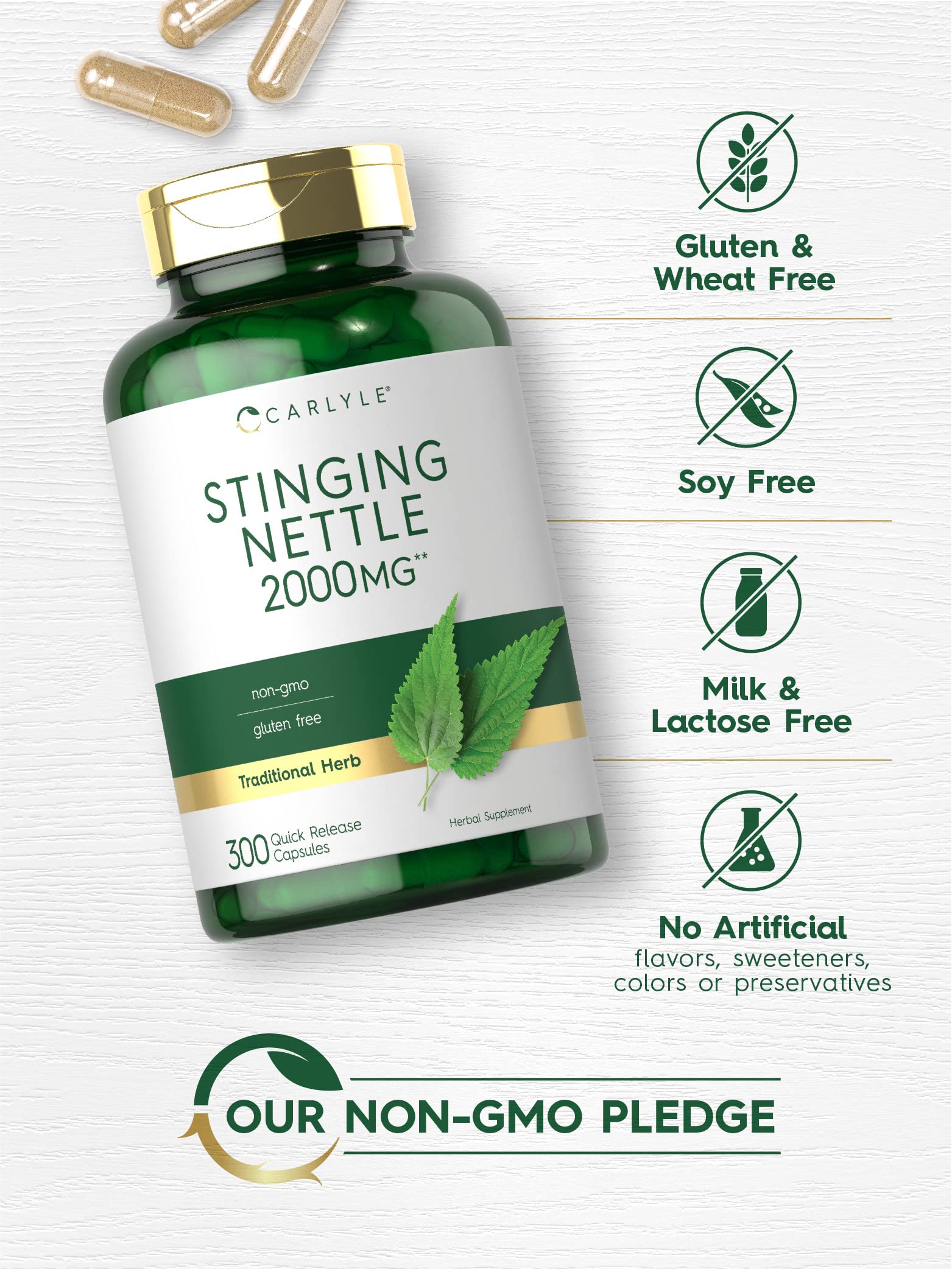 Authentic USA imported Carlyle Stinging Nettle 300 quick release capsules bottle cap and safety seal close up view