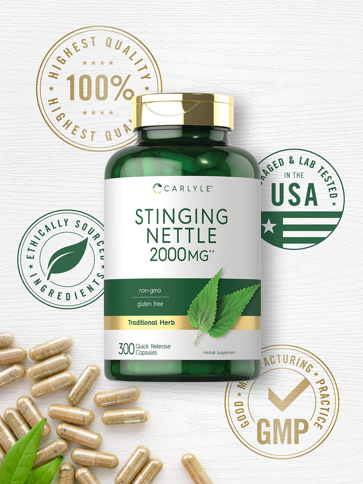 Carlyle Stinging Nettle 2000mg supplement bottle displayed with natural green leaf elements highlighting herbal purity