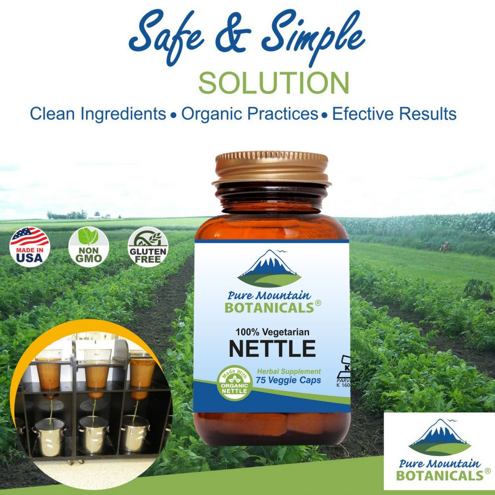 Side view of Pure Mountain Botanicals organic stinging nettle capsules