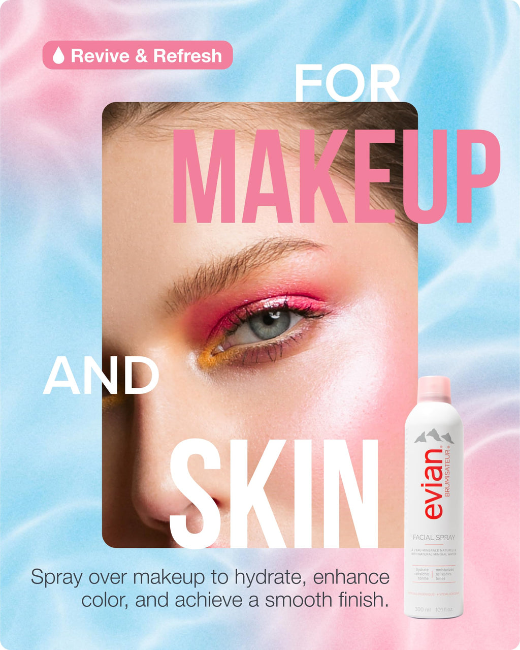 Evian hydrating facial mist displayed in a skincare setting