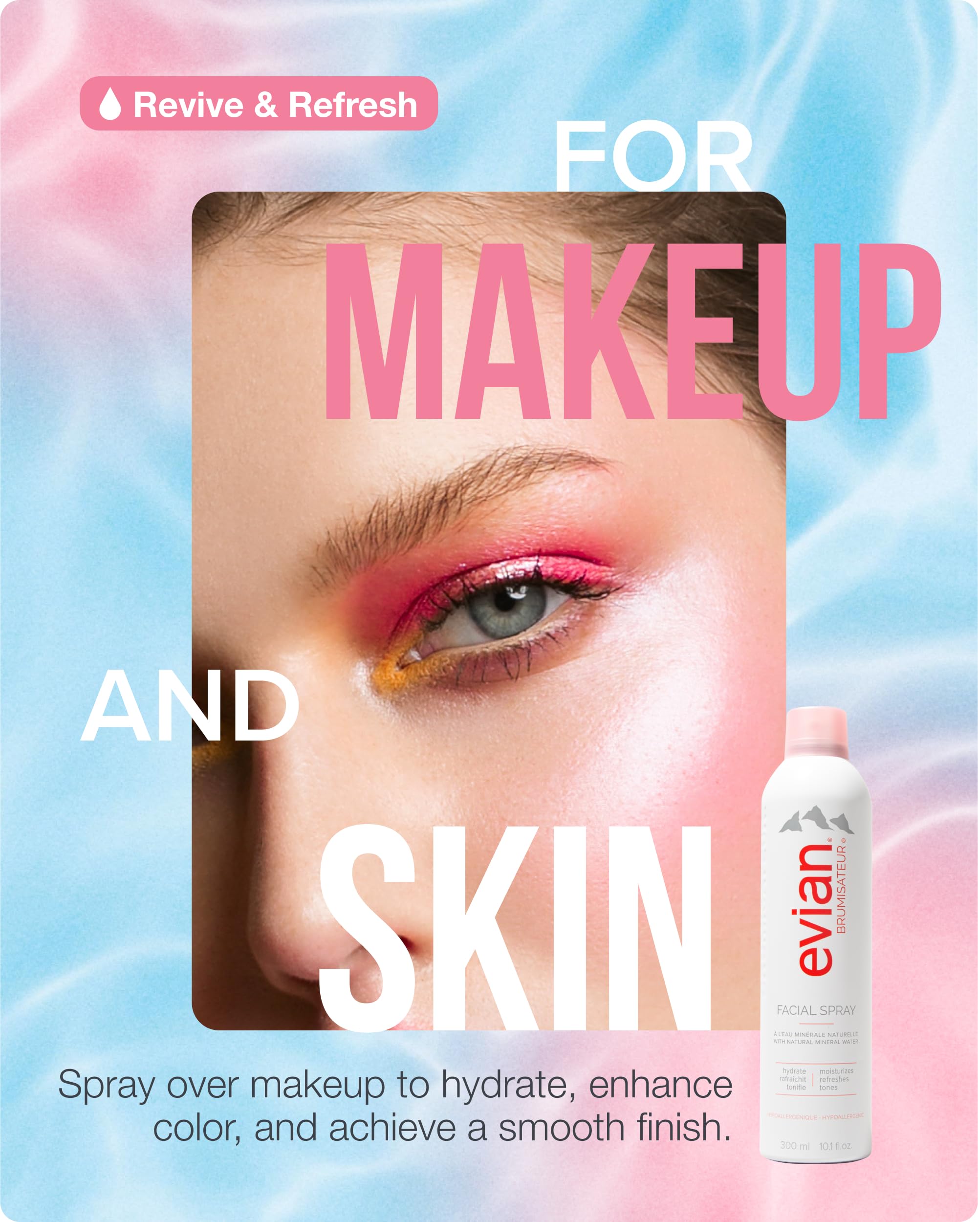 Evian facial mist used to set makeup for a dewy look
