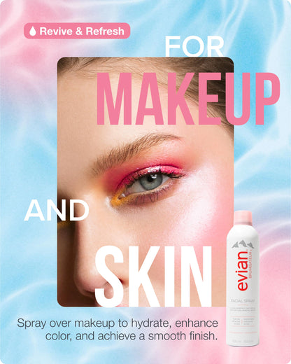 Evian facial mist used to set makeup for a dewy look