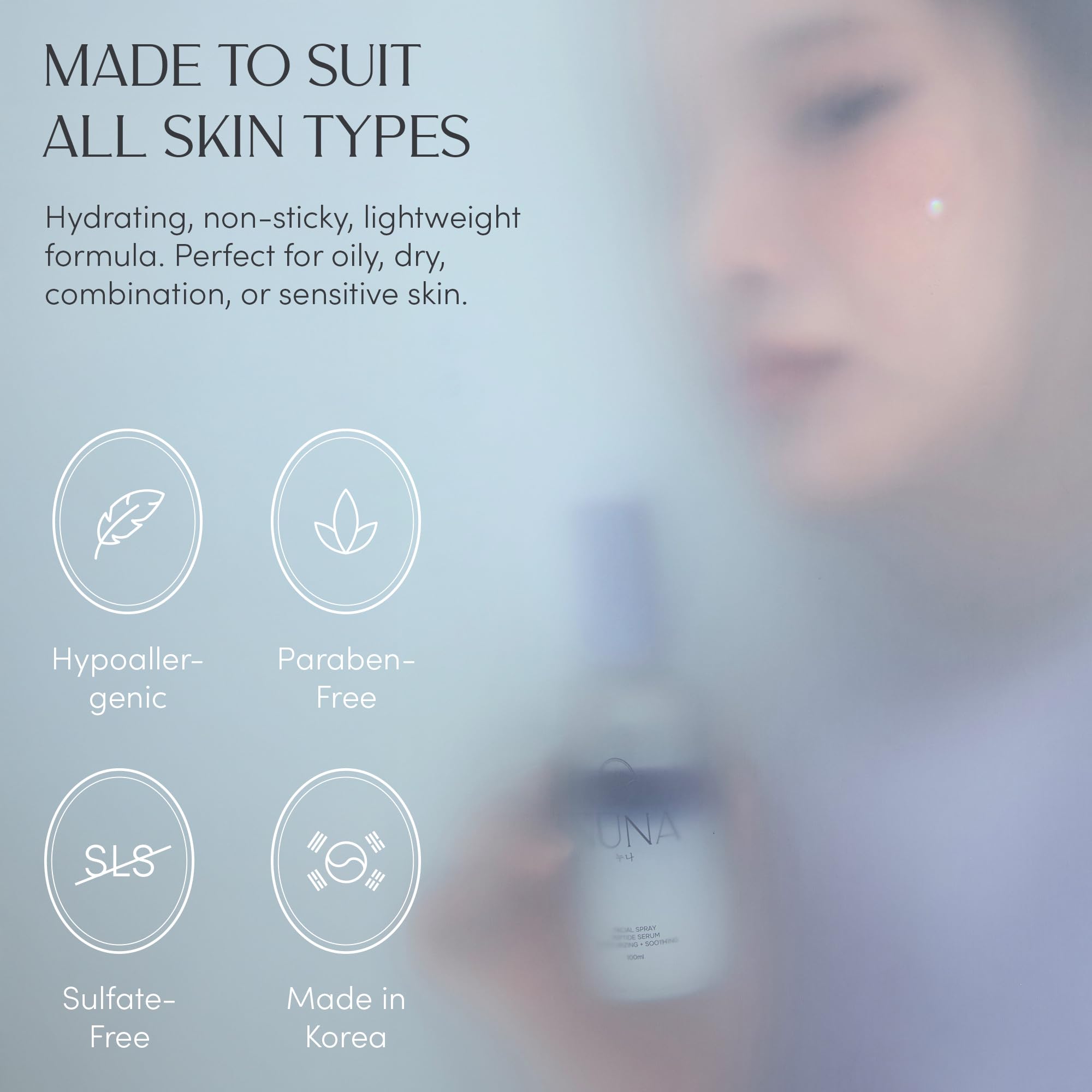Close up of Nuna face serum spray mist nozzle and bottle details.