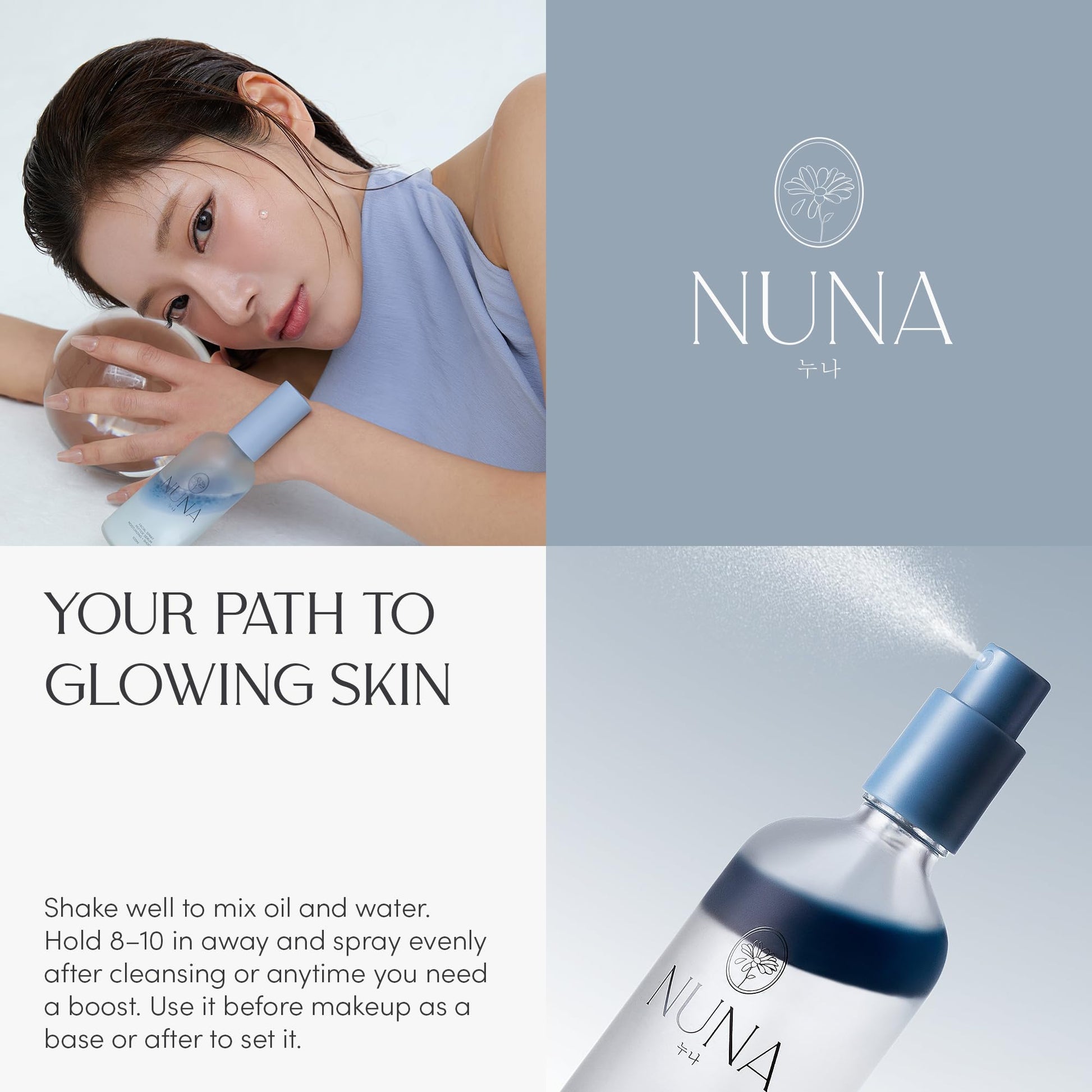 Nuna hydrating facial mist being applied to face for a dewy look.