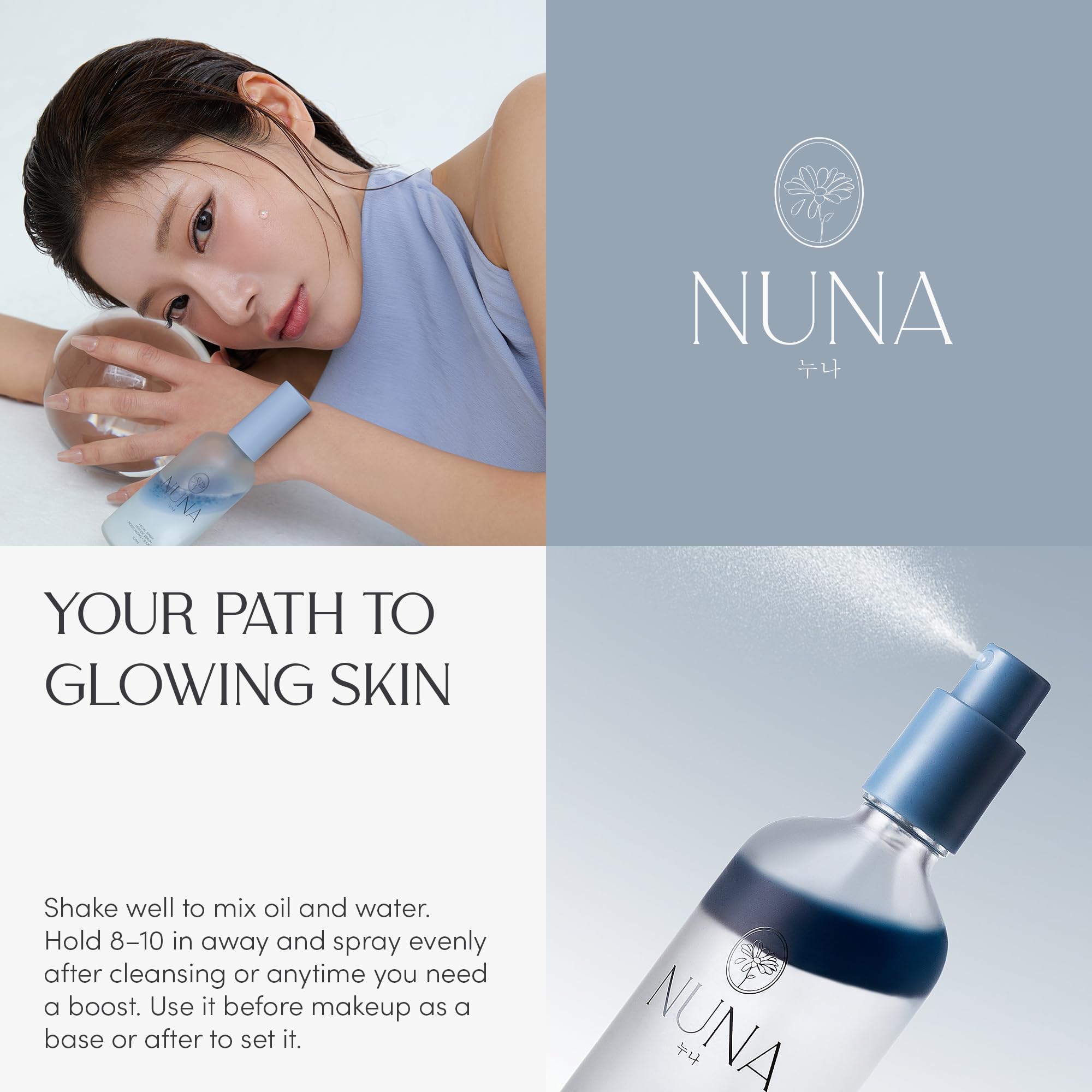 Nuna hydrating facial mist being applied to face for a dewy look.