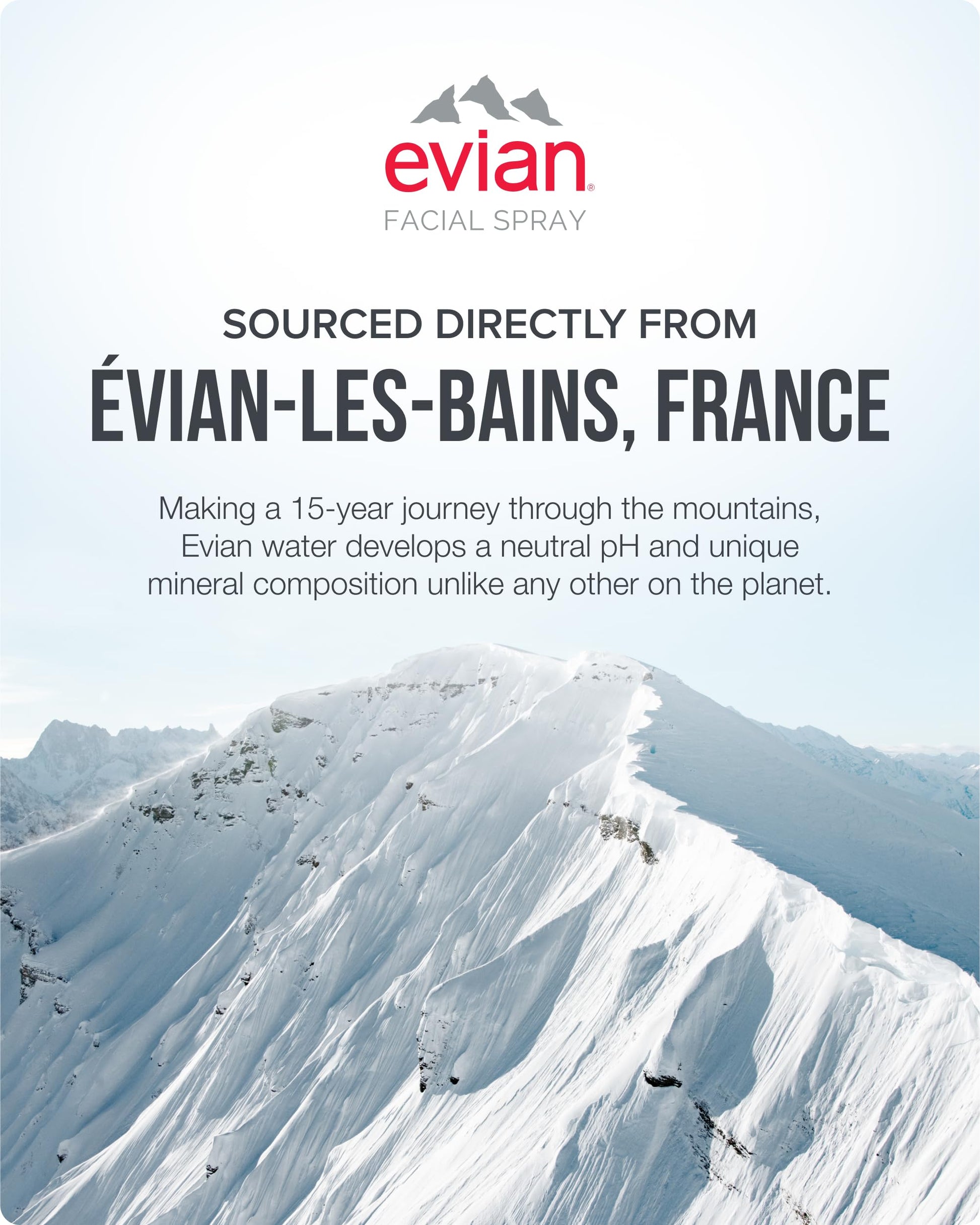 Evian facial spray bottle with natural Alpine water branding