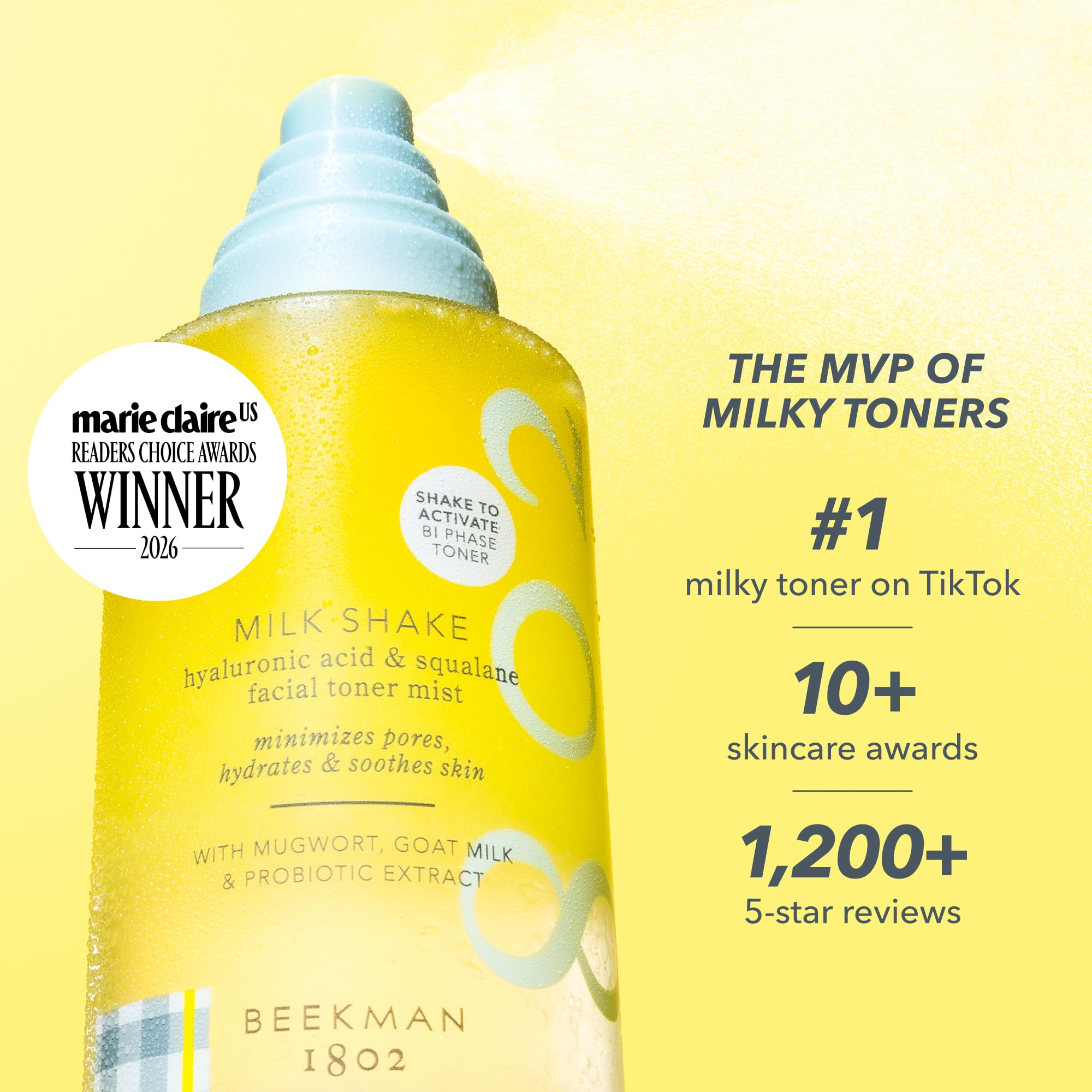 Beekman 1802 face mist bottle showing dual-phase formula