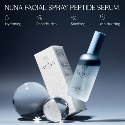 A collection of Nuna beauty products featuring the hydrating serum spray.