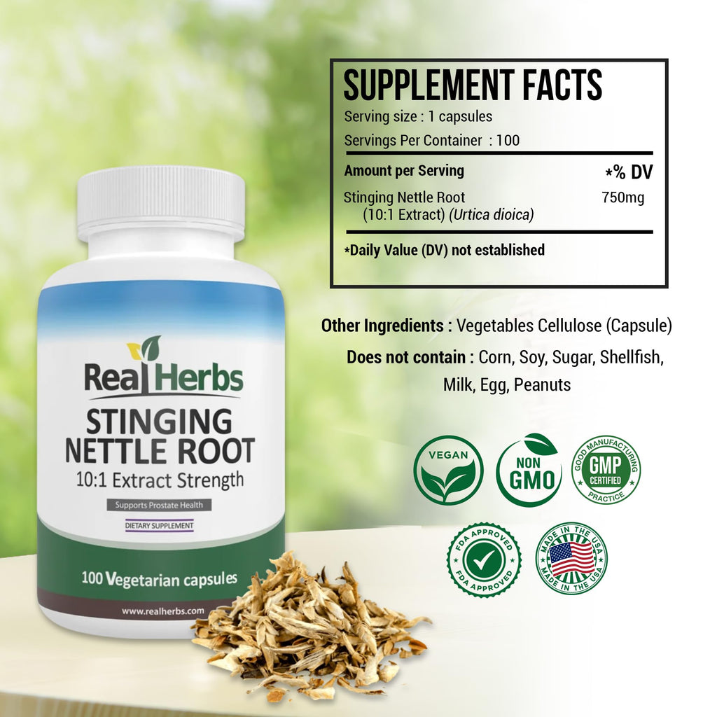 Real Herbs Stinging Nettle Root 750mg capsule supplement facts label