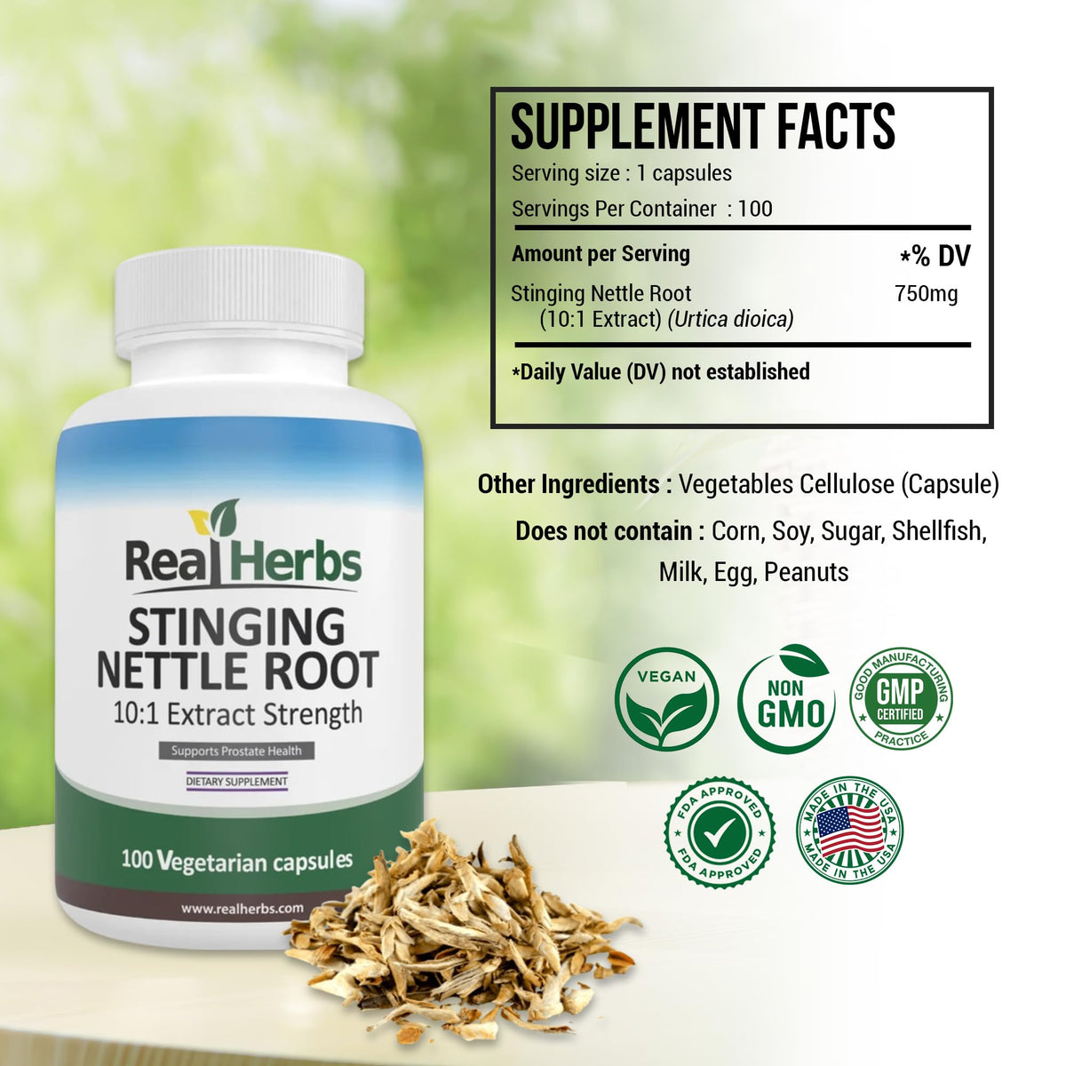 Real Herbs Stinging Nettle Root 750mg capsule supplement facts label