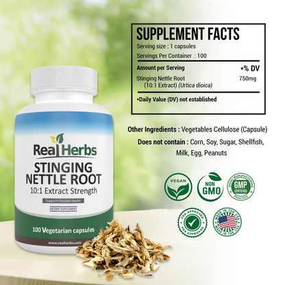 Real Herbs Stinging Nettle Root 750mg capsule supplement facts label