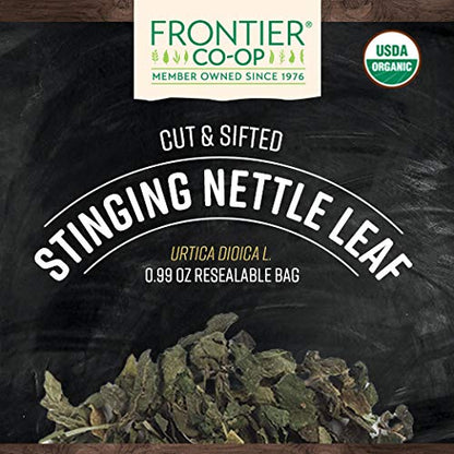 Resealable bag of certified USDA Organic cut and sifted stinging nettle leaf herbal supplement.