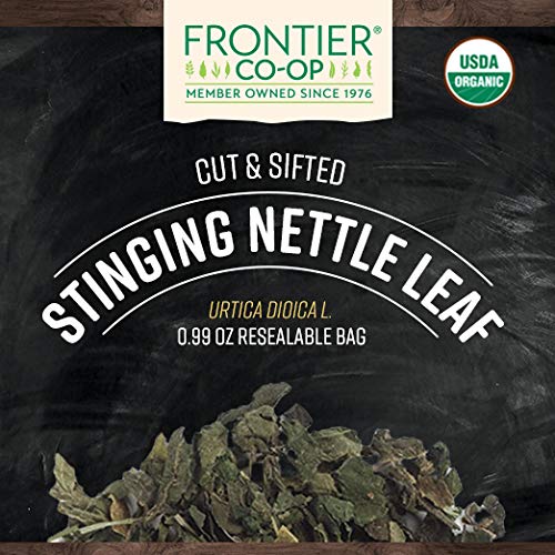 Resealable bag of certified USDA Organic cut and sifted stinging nettle leaf herbal supplement.