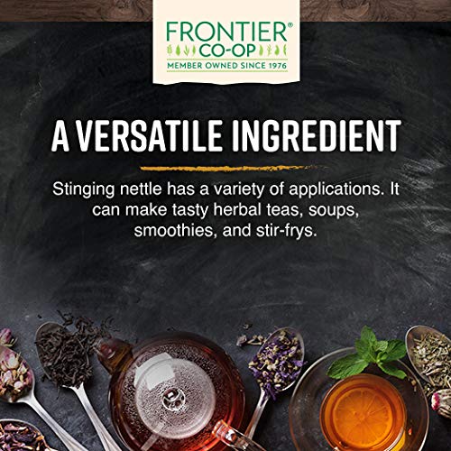 Back label of Frontier Co-op nettle leaf supplement displaying product features and Kosher certification details.
