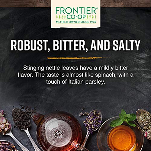Frontier Co-op stinging nettle leaf packaging showing the non irradiated and organic certified logos.
