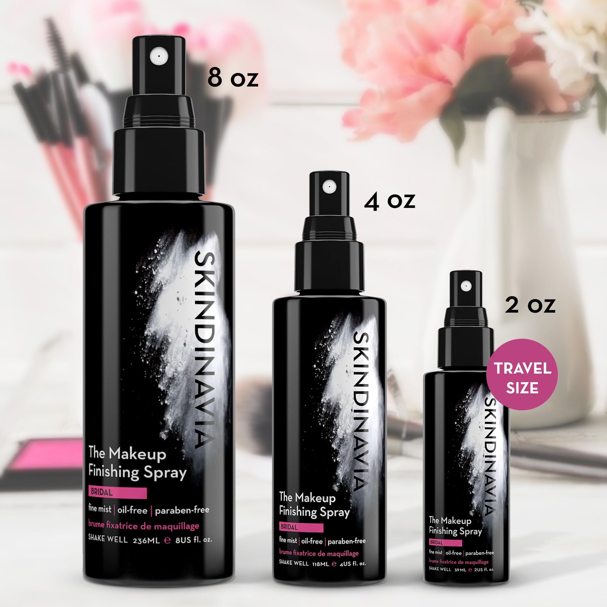 Close up of Skindinavia bridal makeup spray branding