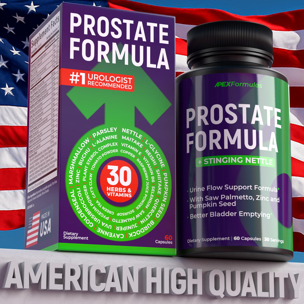 Apexformulas prostate supplement packaging highlighting urinary tract comfort and natural DHT blocker benefits