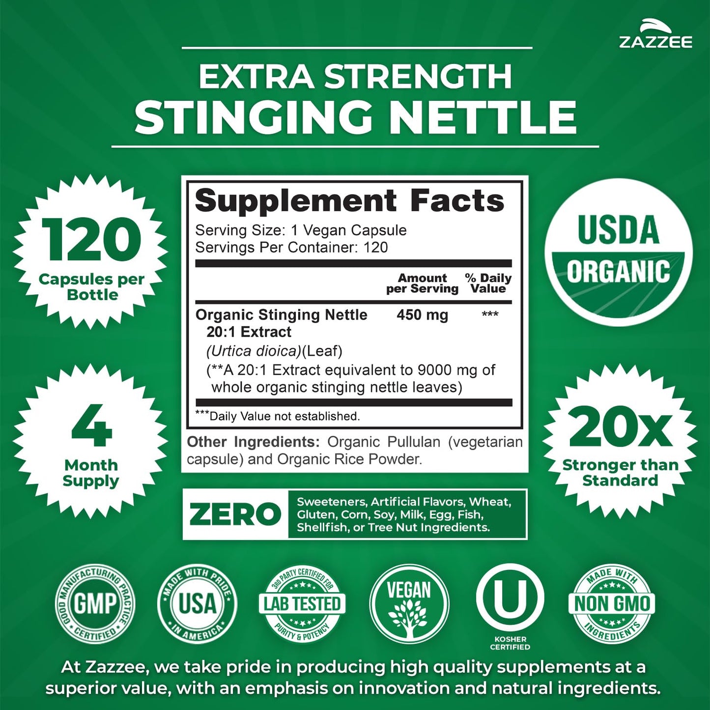 Premium USA imported stinging nettle vegan capsules displayed alongside authentic product packaging