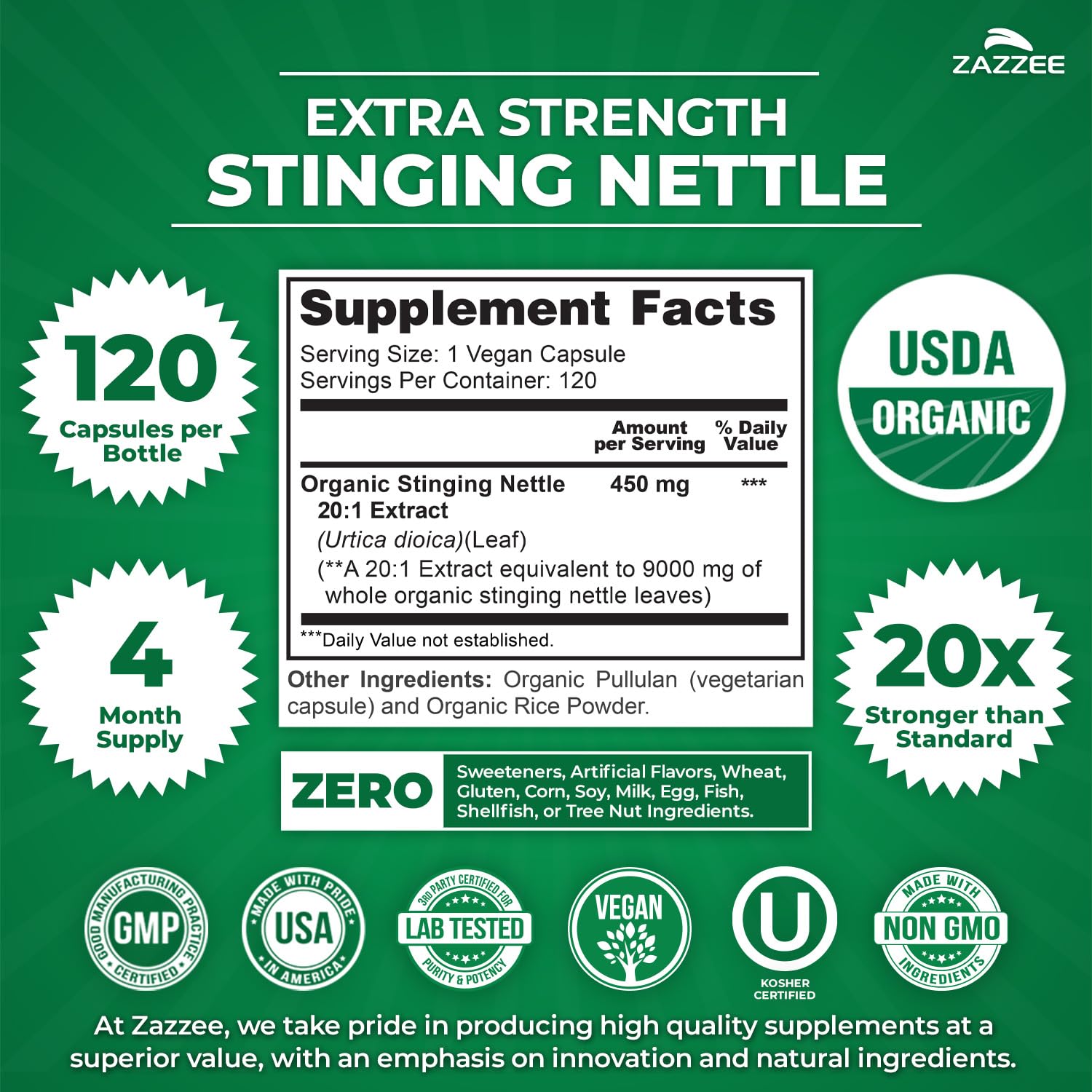 Premium USA imported stinging nettle vegan capsules displayed alongside authentic product packaging