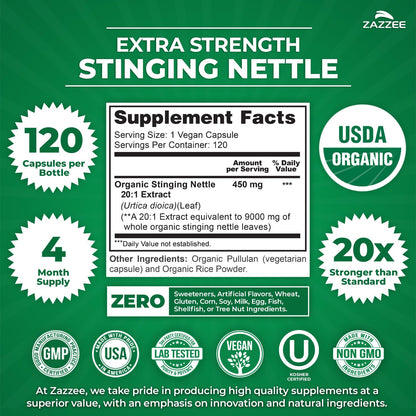Premium USA imported stinging nettle vegan capsules displayed alongside authentic product packaging