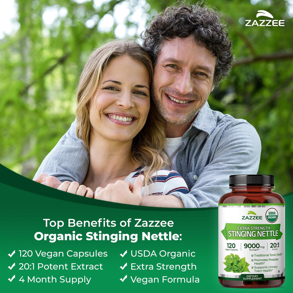 Organic Urtica dioica herbal supplement bottle showcasing pure allergen-free ingredients