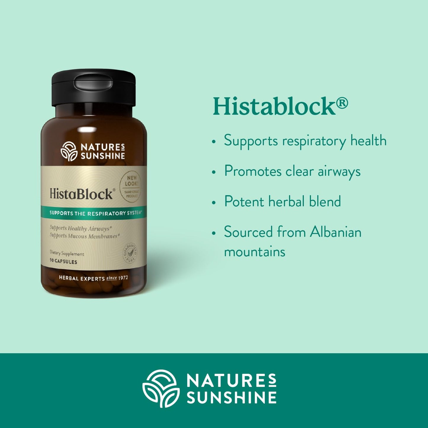 Side profile of Nature's Sunshine HistaBlock respiratory supplement bottle
